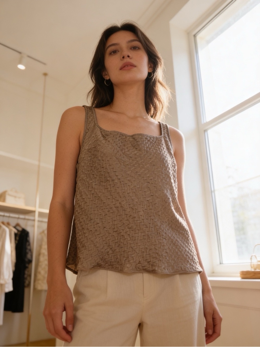 NWT ASTR The Label Champagne Textured Square Neck Tank Top